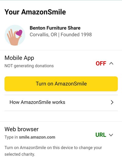 Screenshot of amazon app to enable Smile donations