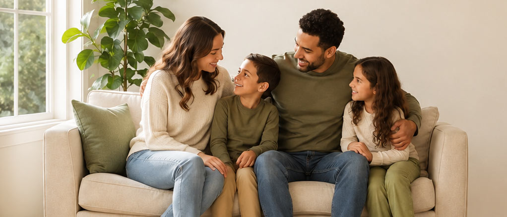 Family of four sitting on a sofa