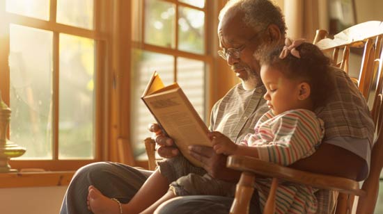 Grandfather sitting in a wooden rocking chair by a sunlit window reading a book with his young granddaughter in a warm, cozy home.